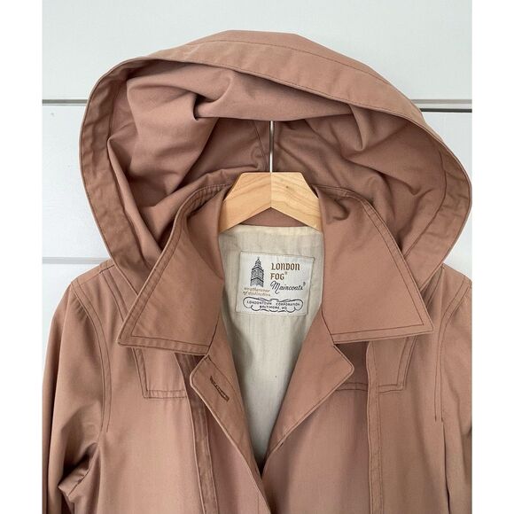 70s Vintage London Fog Maincoats Trench Coat Dusty Rose A-Line Hood Womens 8P - Picture 3 of 12